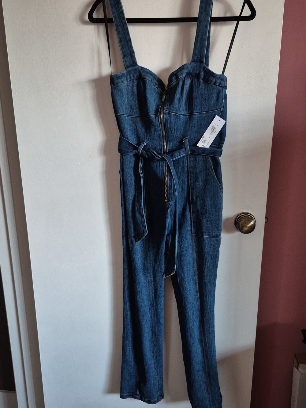 Women’s Dark Blue Denim Overalls Jumpsuit with Waist Tie